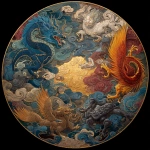**the four ancient Chinese mythological beasts emerging from swirling cosmic clouds: azure dragon soaring, vermilion phoenix blazing, white tiger standing firm, black tortoise entwined with serpent rising from water mist; arranged in a circular formation around a glowing golden center; shan hai jing style, brilliant lighting, detailed energy patterns, deep colors** - Image #1 <@1402171268266197085>