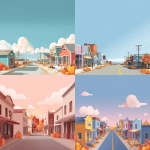 **simple flat illustration of a of a small town in the fall. With a street going down little shops. Same vibes as Gilmore Girls. some pumpkins in the background. Composition mostly sky. bright fall colours.** - <@1183849741679861822> (fast)