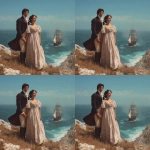 **photograph type picture of a gorgeously handsome man with dark hair and blue eyes dressed in Regency era clothing. He is standing on a cliff top with a beautiful woman also wearing Regency era clothing - empire line dress with high waist. They are holding hands and watching a sailing ship of the type like HMS Victory. It is sunny. They are happy --v 7.0** - Variations (Region) by <@1160482508425658468> (fast)