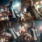 **a photorealistic image of a man with short spiked brown hair in a black leather jacket, white tshirt and jeans, standing in a crowded casino holding a pair of dice in his hand palm facing up. Make it a low angle shot with a spotlight shining down on the hand holing the dice ar 3:2** - <@1079878313302048812> (fast)