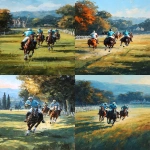 **vintage style oil painting, side profile view of polo players riding horses at full gallop, mallet in right hand raised mid-swing, blue polo shirts and white riding pants, motion and dust trails for dynamic action, horses in stride, lush green grass, white country fence in the background, golden hour light, 2:3 aspect ratio, classic equestrian atmosphere, oil paint texture, impressionist detail --ar 2:3 --s 250** - <@1114281369015689226> (fast)
-# Create, explore, and organize on [midjourney.com](<https://midjourney.com/imagine?from_discord=1>)