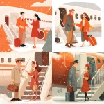 **Pilot and stewardess greeting people on the airplane steps, cute commercial illustration in light white, beige, orange and bright red tones, add Christmas atmosphere and snow --v 7.0** - <@1178911175929499672> (fast)