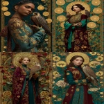 **photorealistic, klimt, like the Nine of Pentacles tarot card, exactly NINE large golden FIVE-POINTED STAR pentacle pentagram coins with visible star symbol clearly visible hanging on vines or displayed in a lush abundant garden, each pentacle must show a five-pointed star ⭐ symbol, an elegant Indian woman standing alone in the garden wearing luxurious burgundy and teal robes with rich gold Klimt patterns, a beautiful falcon or elegant bird perched on her gloved hand, expression of calm self-possession and serene independence, the nine star pentacles are prominent and easy to count in the garden around her, pentacles are star-shaped coins not circles, Byzantine gold mosaic patterns in background, atmosphere of svatantra self-sufficiency through conscious development, sense of earned independence and inner wealth, jewel tones burgundy teal gold and rich garden greens, ornate baroque frame, mood of mastery and self-reliance, --ar 2:3 --raw** - <@1122608133139857530> (fast)