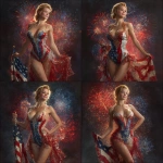 **an ultra realistic, highly detailed, photographic image of a beautiful red, white and blue shimmering gown, worn by gorgeous, standing young woman with blonde hair, barely touching her shoulders. A smile is on her lips. She is holding an American flag in one hand as brilliant red, white and blue fireworks fill the background behind her. HD, v 7.0** - Variations (Strong) by <@1327691479602298971> (relaxed, stealth)