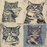 **imagine a serious cat poster portrait, gentle engraving style, western vintage poster style, a cat holding a big slice of pizza, hand drawn illustration, rough ink, screenprint texture. --ar 2:3 --v 6.0 --raw** - <@1344259986770886718> (fast)