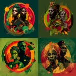 **The image is a stylized digital illustration celebrating Black History Month. The focal point is a portrait of a Black man and woman, depicted from the chest up, The woman is adorned with a head wrap and elaborate earrings. Her expression is stoic and powerful, with a direct gaze. She is surrounded by vibrant, abstract elements. The man African American and is wearing African garb. Behind them, concentric circles of red, green, yellow, and orange create a dynamic backdrop, suggesting energy and movement. The overall color palette is rich and saturated, with a predominance of green, red, and black. green is used for the background elements and the figures' clothing, Black serves as a grounding element, framing the composition and providing contrast. The composition is balanced, with the figuress portrait at the center and the surrounding elements creating a sense of depth and visual interest. The artwork has a modern, artistic feel, with a strong emphasis on color and symbolic imagery.** - <@817880507983069194> (fast)