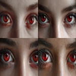 **human eyes, two, but red iris, frontal view --ar 16:9** - Remix (Strong) by <@1033258789991895111> (fast)