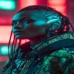 **realistic cyberpunk black female at night in a neon city background, red and turquoise. Strong with light from above, on the face. High contrast. The female is looking towards the camera 3/4 view, she has braids and a side shave, glowing eye cyber gear, glowing ear cyber gear. --ar 9:16 --v 7.0** - Image #3 <@1174469651695144981>