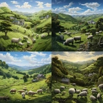 **there are lots of hills, there is a house and there are moutains in the background. In a fenced area there are black sheep and white sheep, there are lots of trees and the grass is green, realistic --v 5.2** - <@754226842650542162> (relaxed, stealth)