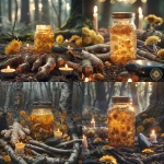 **A mason jar with a golden oil set among burdock roots, dandelion, and ginger, with a Black Onyx stone resting nearby. The background is winter forest soil, roots winding through dark earth. Candlelight glows softly, symbolizing discipline and devotion. Rich textures, warm golden light, sacred herbal imagery, high detail, ethereal atmosphere. --v 6.0 --s 750** - <@1090630909448949831> (fast)