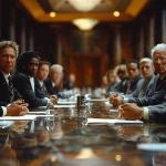 **A serious school board meeting in progress. Teachers, administrators, and district leaders sit around a long table under neutral lighting. One empty chair at the table symbolizes accountability and responsibility. The atmosphere is calm but weighty, showing reflection and consequence. Realistic modern setting, diverse group of professionals, natural tones, and soft focus on expressions of awareness and responsibility. --v 6.0 --s 750** - Image #1 <@1090630909448949831>
