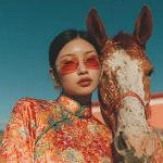 **Ultra realistic high resolution full length photo of a young pretty Asian girl happily wearing bright chinese new year shirt with modern fashion sunglasses, posing happily next to a bright color horse, the background is minimal, hyperrealistic scene. --s 250** - Image #1 <@389249015331422210>