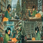 **a girl with black hair and a green sweater is working on her laptop in the library, wearing headphones. there is an orange cat sleeping next to her. people are hanging out around them, smiling. a christmas tree is nearby, and books are all over the shelves. snow is falling outside the window, in the style of ghibli, with a cartoon style, colorful and happy vibe. it's a detailed, close-up shot of the woman and her computer screen. --ar 16:9** - <@409716268476923920> (fast)