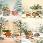 **hand-drawn winter fairy tale illustration, a rabbit carrying a small fir tree on his shoulder, and a female rabbit walking beside him carrying a basket of gifts, gentle friendly expressions, simple winter clothes, cozy snowy forest path, soft falling snow, warm storytelling atmosphere, unmistakable children's book illustration style of the 1960s-1970s, subtle influence of classic English animal fairy tales in the spirit of Beatrix Potter, but with Soviet-era illustration warmth, colored pencils and watercolor, visible pencil strokes, soft watercolor washes, textured paper, muted winter palette with whites, pale greens, soft browns, gentle reds and warm accents, rounded naive shapes, calm composition, poetic and cozy mood, hand-made look, non-photorealistic, timeless children's illustration. The scene is set --ar 11:27 --profile b414ohv --stylize 50** - <@409716268476923920> (fast)
-# Create, explore, and organize on [midjourney.com](<https://midjourney.com/imagine?from_discord=1>)