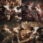 **Ultra HD profile photo of two gangster cows, wearing crowns with lots of gems on the crown. the two cows are at a party and are holding their arm out with drinks in their hands doing a cheers motion to celebrate. background is decorated with a royal theme. taken with a cannon eos, hyperrealistic, natural lighting --ar 2:3 --raw** - <@1103975769467789322> (relaxed)