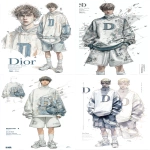 **dior men's sweatshirt and short in the style of dior fashion design sketch, blue white grey with "D" logo on chest, loose fit crewneck sweater, oversized sleeves, model wearing white socks, high resolution, detailed illustration by James Jean + Atey Ghailan, highly intricate ink drawing + light pastel colours, flying around + dynamic composition + cinematic lighting, white background, text "G Como Dior", "Sweat DOUBLE R pname". Full body shot, 3/4 angle view --ar 85:128** - <@409716268476923920> (fast)
