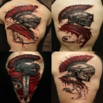 **a realism style black and grey tattoo design, a spartan style helmet with dark red glowing face facing 3/4 profile right, underneath the helmet is a red velvet cloak sweeping down the left side, there is a large chrome linked chain flowing downwards wrapping, there is also the hilt of a sword which has the sculpture of a lions head and wings on, there is also a scroll like banner with ethe words ‘Ephesians 6:11’ in a sqxript font. --ar 1:2 --v 6.1 --s 250** - <@1076015754727661618> (fast)