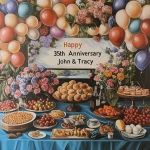 **"Happy 35th Anniversary John & Tracy" banner surrounded by balloons, flowers and delicious food. --v 6.1** - Upscaled (Creative) by <@1327691479602298971> (relaxed, stealth)