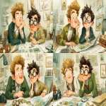**two male designers discussing a style guide in the style of quentin blake. one of the designers is white, english with really tight, curly light brown hair, the other designer is asian with dark brown hair and glasses. --chaos 5 --stylize 150 --ar 8:5** - Variations (Strong) by <@409716268476923920> (fast)
