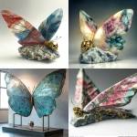 **on display 1 Art suprematism and abstraction movement art design, a surrealist art style base that contains a natural crystal point a watchful Zdzisław Beksiński style butterfly sculpture. With a gold small skull creature that is included in the body of the creature that has direct lighting and an angled side view. The wings have a natural look in coloured acrylics with turquoise and flat brass. Cultural and creative product design, high-end, high-quality. --c 5 --s 700 --w 450 --v 6.1 --ar 4:5 --q 2** - <@923747341717078036> (fast)
