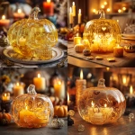 **Transparent glass pumpkin, inside decorated with skull, candles and heart symbol, main color is yellow, surrounding space is on halloween table** - <@847871507090112512> (fast)