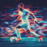 **18 year old mbappe soccer player with ball heavy glitching data hacking past players on field pitch dynamic movement high motion blur surreal imaginative super future technology --v 6.1** - Image #2 <@877319452205678602>