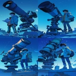 **Full-body illustration of a black-haired teenage character leaning against a giant telescope. He is holding an open book in his hands, calm and thoughtful posture. Blue-toned color palette, quiet and contemplative atmosphere. Clean composition, soft lighting, subtle sci-fi or observatory feeling. Anime-style character illustration, refined and gentle mood, clear silhouette --ar 2:3 --niji 6** - Variations (Strong) by <@762679659153850410> (fast, stealth)