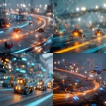 **A futuristic, high-detail scene of multiple unique robot drones, each with a distinct design, racing and flying through a small-scale, high-tech competition arena. The drones are glowing with vibrant orange and blue light lines, creating a dramatic glow-in-the-dark effect. The background is a detailed, atmospheric competition track with futuristic lighting and a dynamic sense of motion. cinematic lighting, 8k** - <@1237654084786327583> (fast)