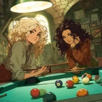 **Curly haired blonde architect girl playing billiards with a curly haired brunette girl** - Image #1 <@690727352149475348>