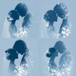 **elegant bride and groom silhouette. Romantic, on light blue background, white flowers, veil, realistic, warm highlights,** - Variations (Strong) by <@1015760515127050260> (fast)