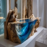 **Surrealism vision, Driftwood root resin blue transparent epoxy resin, new style in bathroom, great stone toilet , HD, super realism, photo quality, --ar 16:9** - Image #1 <@1164377807414116392>