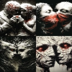 **painting, surrealism, René Magritte The Lovers Paris 1928 Wearing snowflake macrophotography fabric, red love letters from the heart --p 54om4sq --ar 2:3** - <@841698202759069727> (fast)