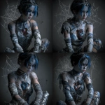 **fantasy concept character, there is a hole in her chest and you can see her heart and inside of her chest there are spiderwebs, she looks sad, she has short black hair with blue strikes, wearing rags and gladiator heels --v 7.0** - Variations (Subtle) by <@450898678975168513> (fast)