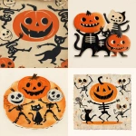 **1930s die-cut Halloween party decoration illustration: grinning jack-o’-lantern, dancing skeletons, black cat arching, flat spot colors (pumpkin orange, soot black, parchment cream), slight print misregistration, halftone dots, softly frayed paper edges, light foxing, simple bold shapes, cozy-eerie mood. --ar 4:5 --quality 2 --no neon, no modern plastic props, no glossy effects** - <@1117617880301830245> (fast)