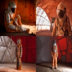 **multipurpose Martian welding suit designed for pressurized fabrication, aramid-based outer shell resistant to arc flash and molten metal spatter, integrated flexible joints with high-mobility weld positioning support, layered thermal shielding, retractable welding visor, modular forearm torch mount and gas line routing, reflective dust-repellent surface coating, suit showing visible scorch marks from repeated use, staged in pressurized habitat dome with ambient red dust outside --ar 3:2 --q 2 --s 50 --p z4f83u2 --v 7.0 --raw** - <@997245562065789039> (relaxed)