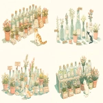 **A cat visiting a minimalist spring grocery store display, flat lay arrangement of glass bottles with flowers, ceramic pots, wooden signs, paper tags, soft pastel colors (mint green, peach pink, cream yellow), clean white background, soft lighting, hand-drawn illustration style, gentle shadows, detailed textures, "soft pastel color palette", "hand-drawn illustration style", "minimalist aesthetic", "gentle gradients", "delicate details", "clean lines" #f5f0e6 #e8f4d9 #ffd6d6 #d4eaf7" "muted tones desaturated colors, matte finish" --ar 3:2 --niji 7** - <@937851746712186921> (fast)