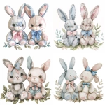 **Two adorable stuffed toy rabbits, soft watercolor style, pastel colors, one with a pink bow and the other with a blue bow, plush fabric texture, slightly worn and stitched details, sitting on soft leaves, cute and charming expressions, highly detailed and whimsical, white background, no additional elements --v 6.0** - <@1227003593262108705> (fast)