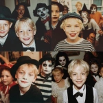 **circa 1990s, Halloween, smiling 8 year old blonde boy dressed as a mime, kids in the background dressed as vampires and zombies** - <@1014234226171858944> (fast)
