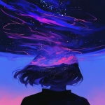 **a woman's head from behind in the dark looking up at the sky. The sky is beautiful and filled with stars and streaking details of color. --niji 6 --ar 2:3** - Image #3 <@656961830371196938>