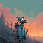 **<https://s.mj.run/RTecCqauTFQ> Reimagine this clean cartoon illustration in a painterly, atmospheric style. Use muted earthy tones blended with halloween colored pastels, textured brush strokes, and hazy gradients in the sky. Hiking through the forest with his cat. In the Pacific Northwest near the mountains during blue hour. Apply loose, expressive linework with subtle shading, crosshatching, and worn textures. Add depth and warmth through cinematic lighting and moody color grading. Expressions should remain exaggerated yet nuanced, balancing humor and melancholy within an atmospheric, storybook-like setting. Color Palette: 20% pastel periwinkle 40% pastel cotton candy 20% pastel sekura pink 10% pastel celadon 10% pastel black** - Image #2 <@757787837981786134>