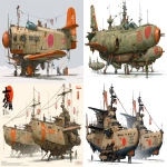 **a dnd style concept art with Ashley Wood details of two feudal japan wooden and old iron nuclear powered kamikaze planes, Japan Meiji era armada, have different number in the hull, same size but not identical, dark industrial scifi style, labeled as fleet's best boats, camel-deep sand color with orange accents and small hi-viz lime and red hazard markings, mechanical details, Japanese characters graffiti on the hulls, realistic look, moody atmosphere, a little bit foggy, signal towers, various size nobori, various size lanterns, robotic-mechanical arms, have japanese anime mural on the hulls, signal cabbles, on a white background in the style of Studio Ghibli and Makoto Shinkai, cel-shaded, full-body, cartoon, 2D game art --ar 11:5** - <@1043498067623686144> (fast)
-# Create, explore, and organize on [midjourney.com](<https://midjourney.com/imagine?from_discord=1>)