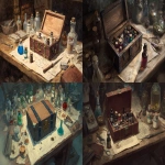 **A small box on a table full of Alchemist supplies and medical gear, D&D art --ar 5:3** - <@632328592499539989> (fast)