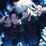 **Still shot from anime of Satoru Gojo, add Gojo’s black glasses --niji 6** - Upscaled (Creative) by <@774763495555072010> (fast)