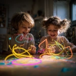 **Realistic photo of kids (5-6) hand-painting at an art table, laughing and interacting; bright daylight, crisp textures, editorial look. Abstract touch: splashes of vivid paint strokes suspended in mid-air and thin neon light trails circling hands. No distortion, natural proportions, 4K. ar 3:2** - Image #1 <@1108853965199769681>