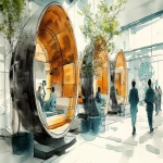 **<https://s.mj.run/Nlu3ItpiLmk> <https://s.mj.run/5Zwnb5PDQNM> an illustration using black pen and watercolour, loose sketchy watercolor and black pen illustration of a futuristic healthcare waiting room where people are scanned and then led by robots that are human like to individual weelnes pods, the style is country farmhouse with a fireplace meets zaha hadid organic futuristic architecture highly detailed, hihgly imaginative and unique --ar 16:9 --v 6.1 --s 250** - Image #4 <@999895176619237436>