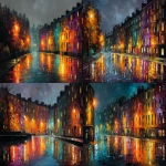 **Glasgow tenement street at night, painting by leonid afremov, modern impressionism, thick impasto applied with palette knife, vibrant contrasting colors, reflective wet ground, romantic and melancholic mood, night street scene or autumn park, bold colour streaks. --ar 5:3 --stylize 269 --quality 4 --chaos 10 --v 7.0** - <@953036209729470464> (fast)