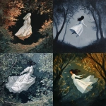 **phantom woman with a white vaporous dress floating between the trees melancolic, gouache painting --v 7.0** - <@1282363709964025901> (fast)