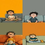 **funny very tired boy with eyeglasses in t-shirt sleeping on sofa, very simple catroon style, solid background --ar 9:16** - <@409716268476923920> (fast)