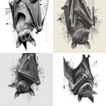 **A large, majestic bat resting upside down, hanging calmly with its head facing downward. The bat is wrapped and hidden within the cocoon of its folded wings, as if protecting itself in complete stillness. Most of its body is concealed by its wings, with only a small portion of its face visible. Its gaze feels calm, observant, and peaceful, expressing deep tranquility and quiet awareness. Anatomy inspired by the fruit bat. Illustrated in a black, white, and gray color palette with rich grayscale nuances. Highly detailed line art, ink illustration style. The silhouette is partially deconstructed, with geometric projections, fragmented shapes, and sharp abstract elements breaking away from the bat’s form, as if its presence subtly disturbs the surrounding space. These projections radiate outward while preserving the serenity of the subject. Geometric and abstract composition, controlled deconstruction, modern graffiti-inspired design, refined street art aesthetic. High-contrast monochrome illustration, ultra-detailed textures, dramatic yet soft lighting, white background --v 7.0** - <@1068240844349509652> (fast)