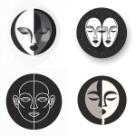 **vector icon, classic dual theater mask design, representing intuition and clarity, clean circle layout, minimalist sacred geometry, dark grey, white background, clarity and alignment, OS design aesthetic --v 6.1** - <@1101835891716133034> (fast)